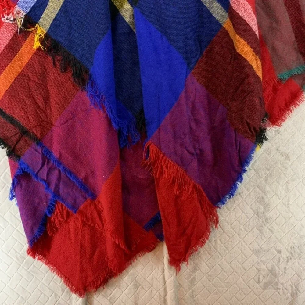 Lake Shore Drive Womens Poncho Toggle Closure Colorful Plaid Fringe Cottage Core - Picture 4 of 16